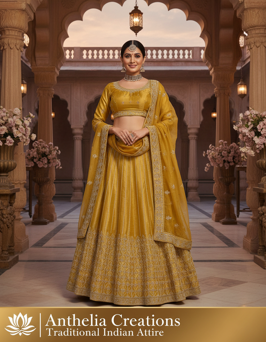 Embroidered Bridal Lehenga Set Yellow Colour