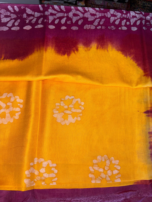 Semi Tussar Silk Saree with Traditional Batik Print | Elegant Ethnic Wear for Women Yellow Brown Dual shade
