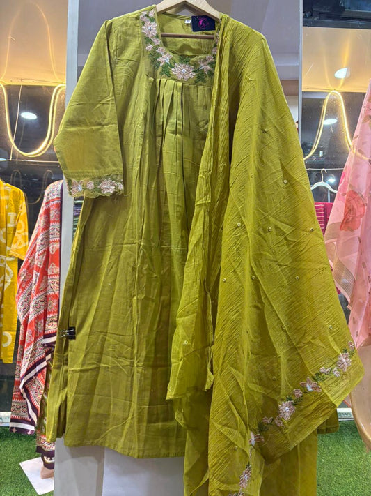 Elegant Kurta Pant with dupatta 100% Cotton Green Colour ACKS001