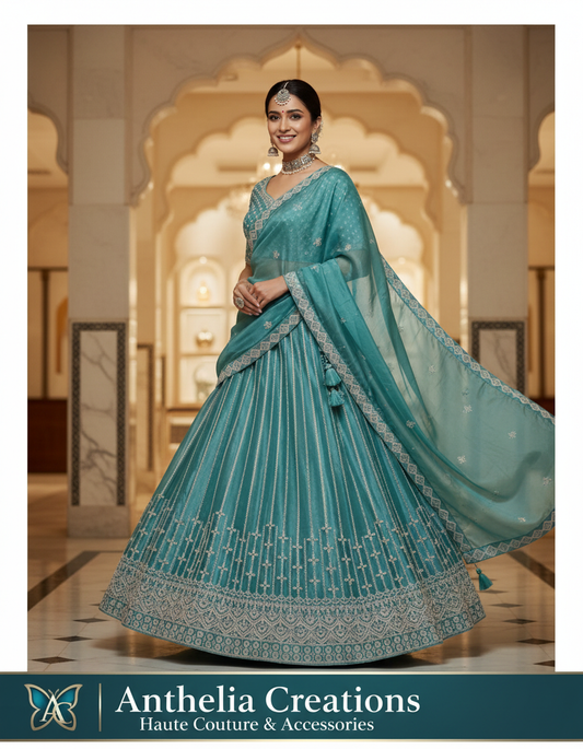 Embroidered Bridal Lehenga Set  Teal Colour