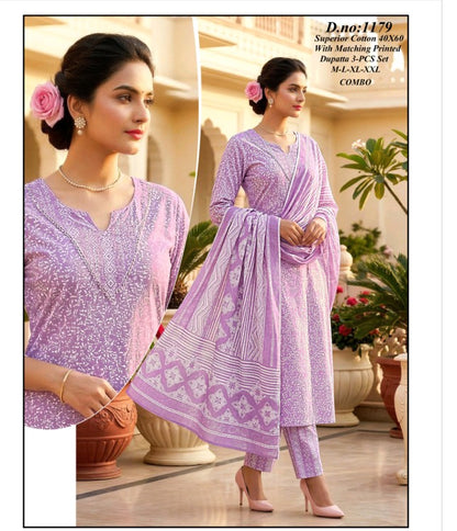 Lavender Color Elegant Kurta Pant with dupatta 100% Cotton