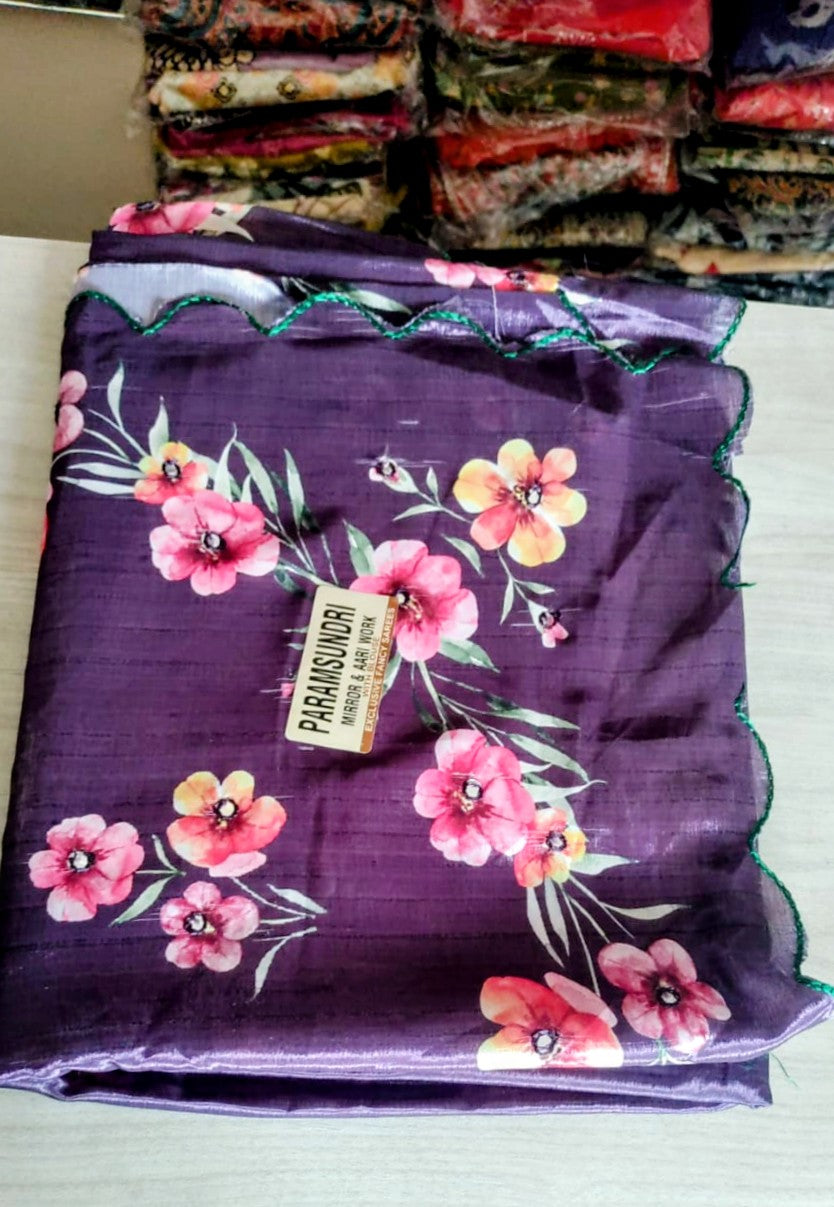 Beautiful Chinon silk sarees with mirror work
