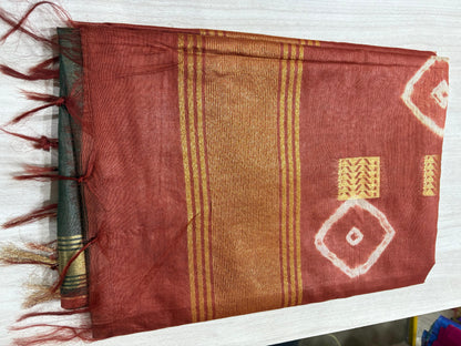 Semi Tussar Silk Saree with Traditional Batik Print | Elegant Ethnic Wear for Women Dual Shade