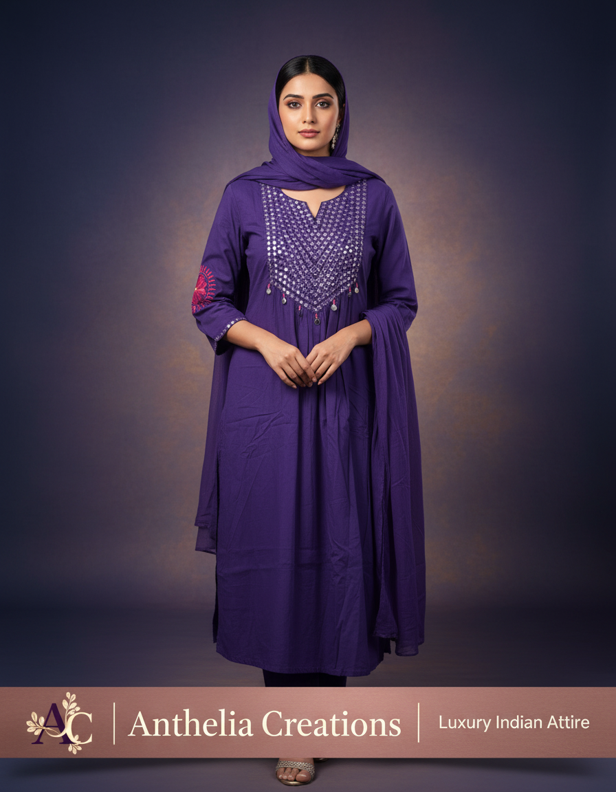 Pure Cotton Kurta Pant Set with Duppata Purple Colour