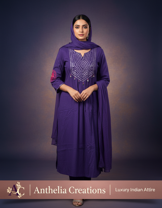 Pure Cotton Kurta Pant Set with Duppata Purple Colour