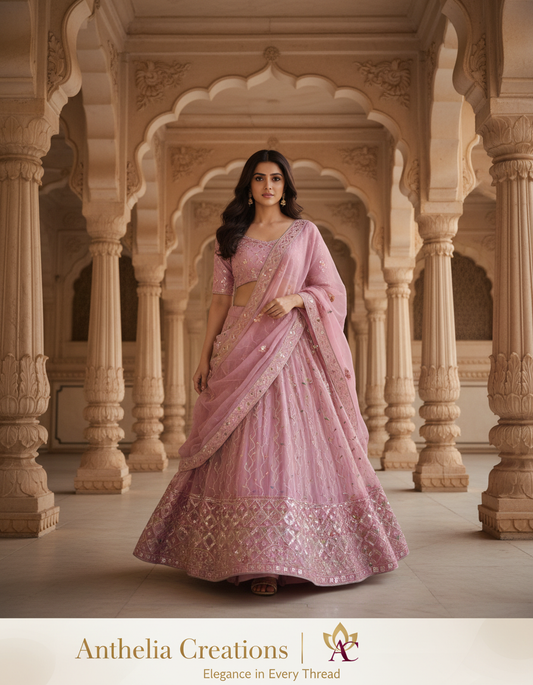 Light Pink Embroidered Bridal Lehenga Set Dual Colour