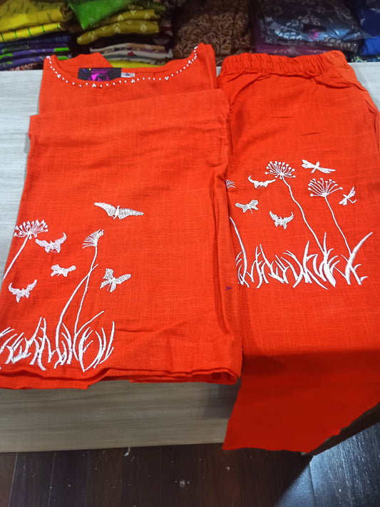 Cotton Embroidered Co ord Set Orange