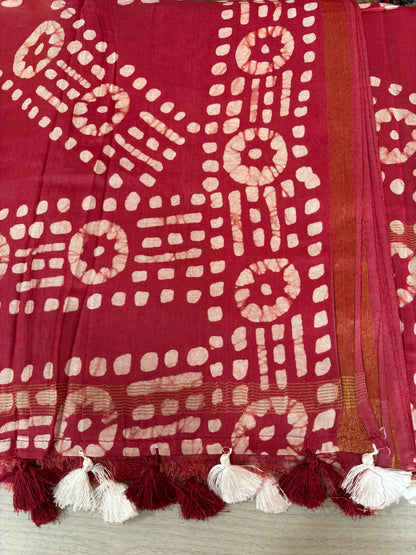 Semi Tussar Silk Saree with Traditional Batik Print | Elegant Ethnic Wear for Women Maroon