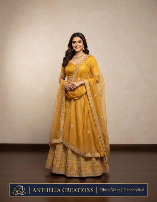 Embroidered Bridal Lehenga Set Yellow Colour