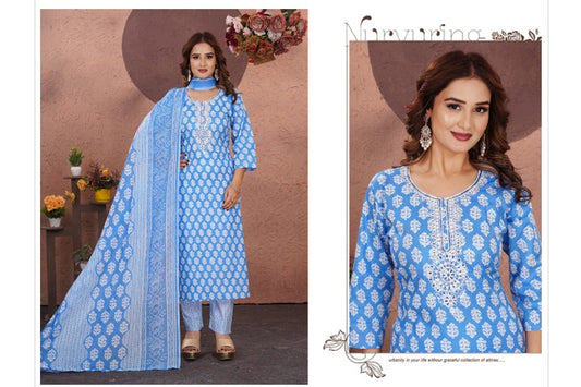 Blue Color Elegant Kurta Pant with dupatta 100% Cotton