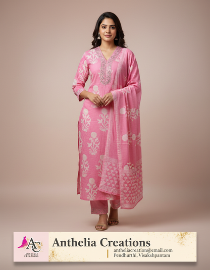 Elegant Pink Kurta Pant with dupatta 100% Cotton