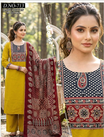 Mustard Color Elegant Kurta Pant with dupatta 100% Cotton
