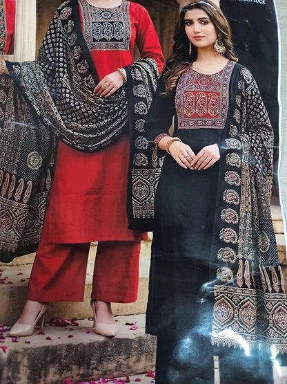 Black Color Elegant Kurta Pant with dupatta 100% Dabu Cotton