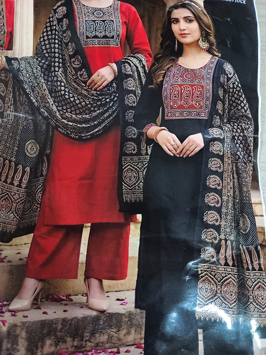 Black Color Elegant Kurta Pant with dupatta 100% Dabu Cotton