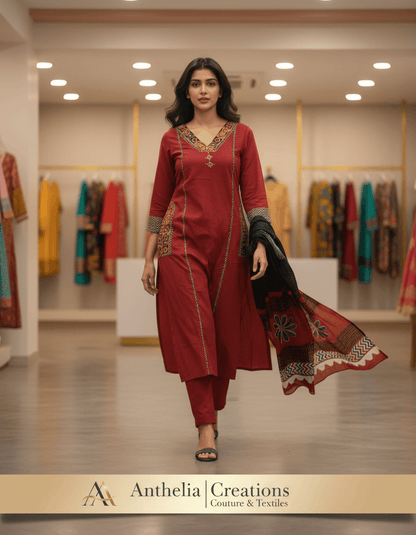 Elegant Kurta Pant with dupatta 100% Cotton Maroon black Colour with pockets