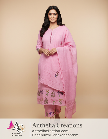 Elegant Pink Kurta Pant with dupatta 100% Cotton