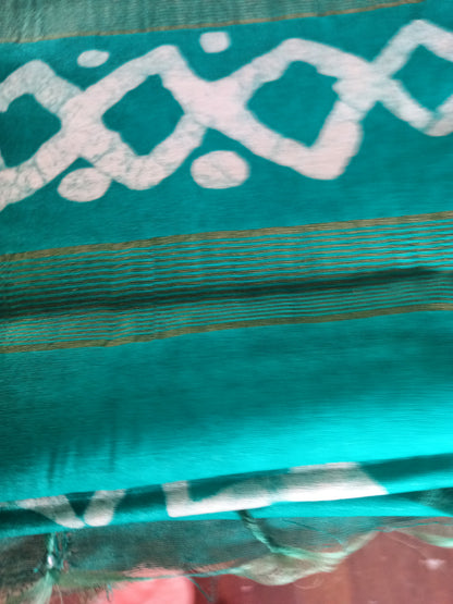 Semi Tussar Silk Saree with Traditional Batik Print | Elegant Ethnic Wear for Women Dark Green