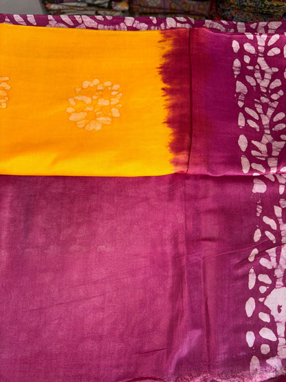 Semi Tussar Silk Saree with Traditional Batik Print | Elegant Ethnic Wear for Women Yellow Brown Dual shade